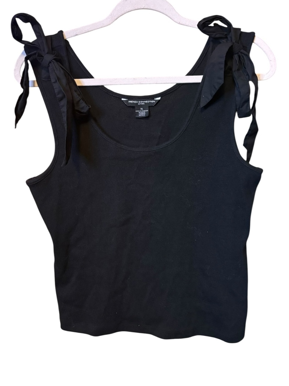 French Connection Black Ribbed Bow Tie Shoulder Tank Top Size XL